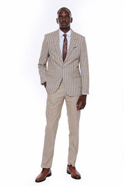 Striped Blazer Plain Pants Beige Men Suit - Wessi