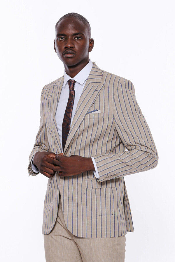 Striped Blazer Plain Pants Beige Men Suit - Wessi