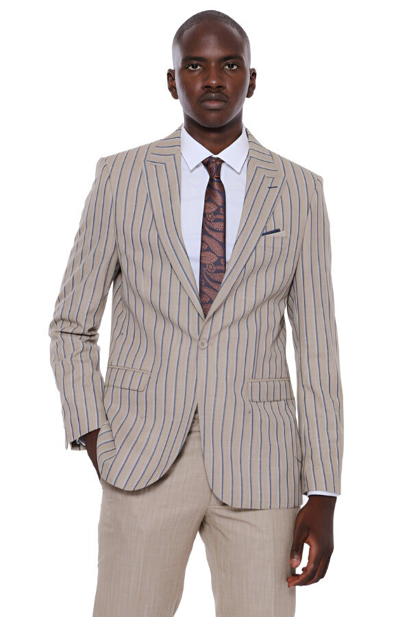 Striped Blazer Plain Pants Beige Men Suit Wessi