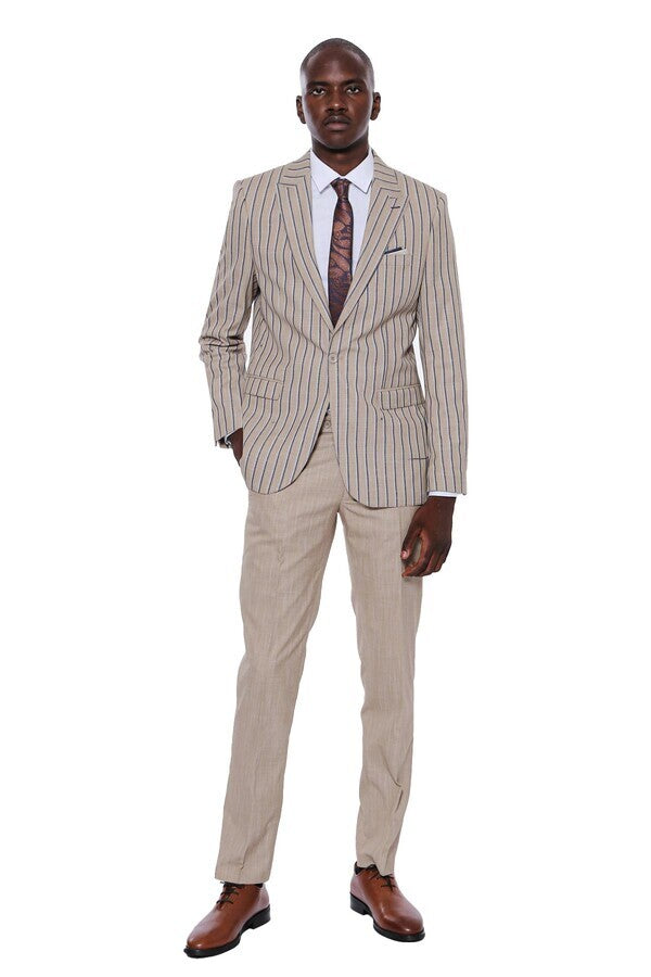 Striped Blazer Plain Pants Beige Men Suit - Wessi