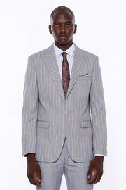 Striped Blazer Plain Pants Grey Men Suit - Wessi