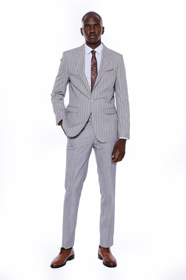 Striped Blazer Plain Pants Grey Men Suit - Wessi