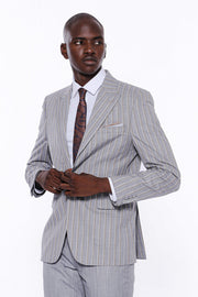 Striped Blazer Plain Pants Grey Men Suit - Wessi