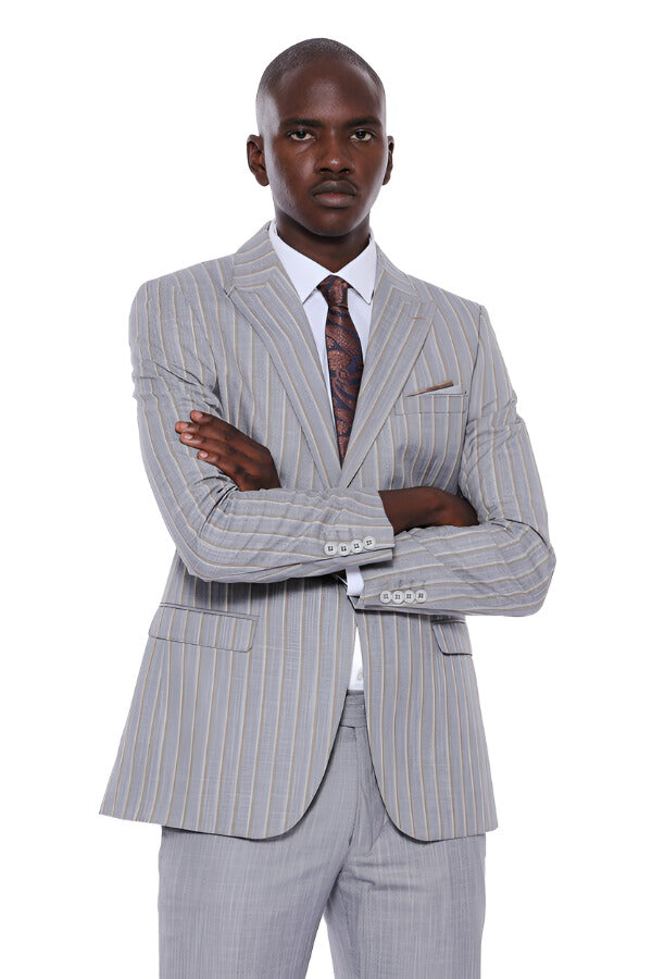 Striped Blazer Plain Pants Grey Men Suit - Wessi