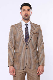 Striped Blazer Plain Pants Light Brown Men Suit - Wessi