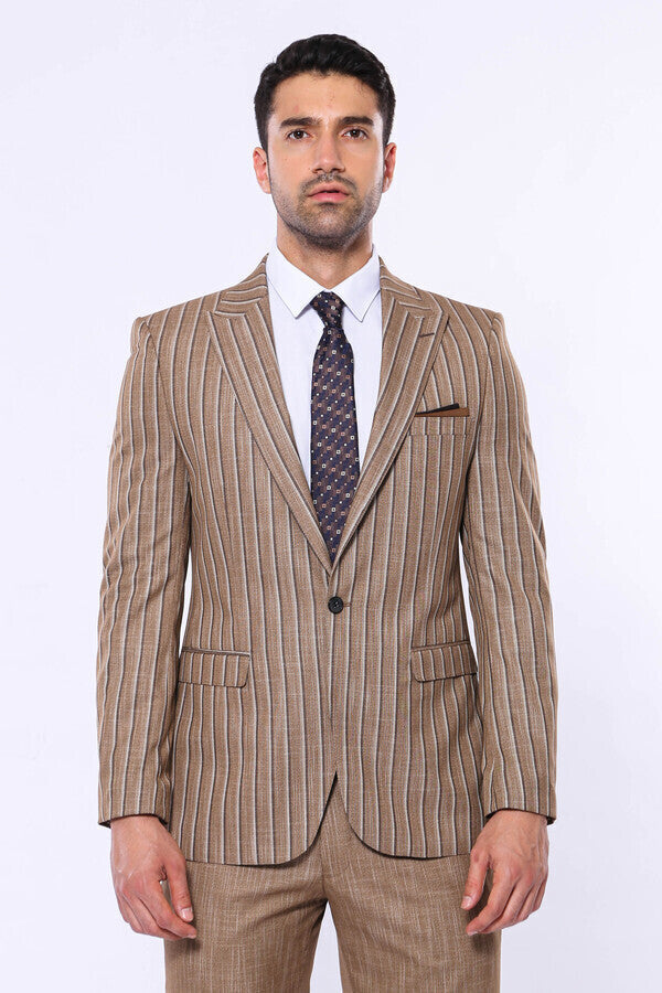 Striped Blazer Plain Pants Light Brown Men Suit - Wessi