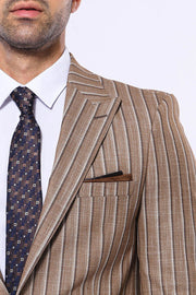 Striped Blazer Plain Pants Light Brown Men Suit - Wessi