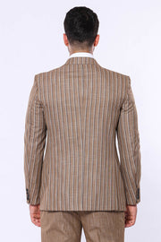 Striped Blazer Plain Pants Light Brown Men Suit - Wessi