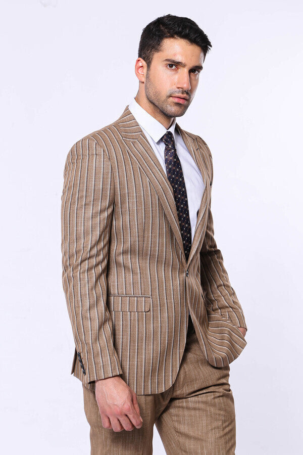 Striped Blazer Plain Pants Light Brown Men Suit - Wessi