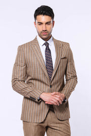 Striped Blazer Plain Pants Light Brown Men Suit - Wessi