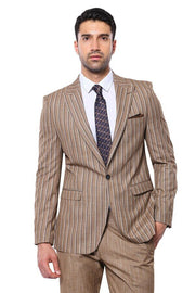 Striped Blazer Plain Pants Light Brown Men Suit - Wessi