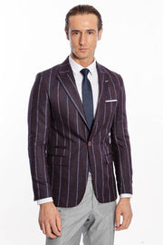 Striped Slim-Fit Burgundy Men Blazer - Wessi