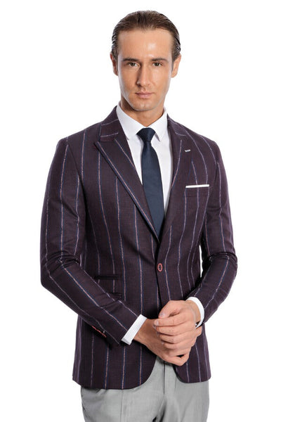 Striped Slim-Fit Burgundy Men Blazer - Wessi