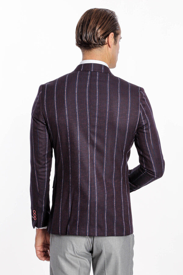 Striped Slim-Fit Burgundy Men Blazer - Wessi