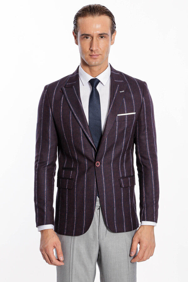 Striped Slim-Fit Burgundy Men Blazer - Wessi