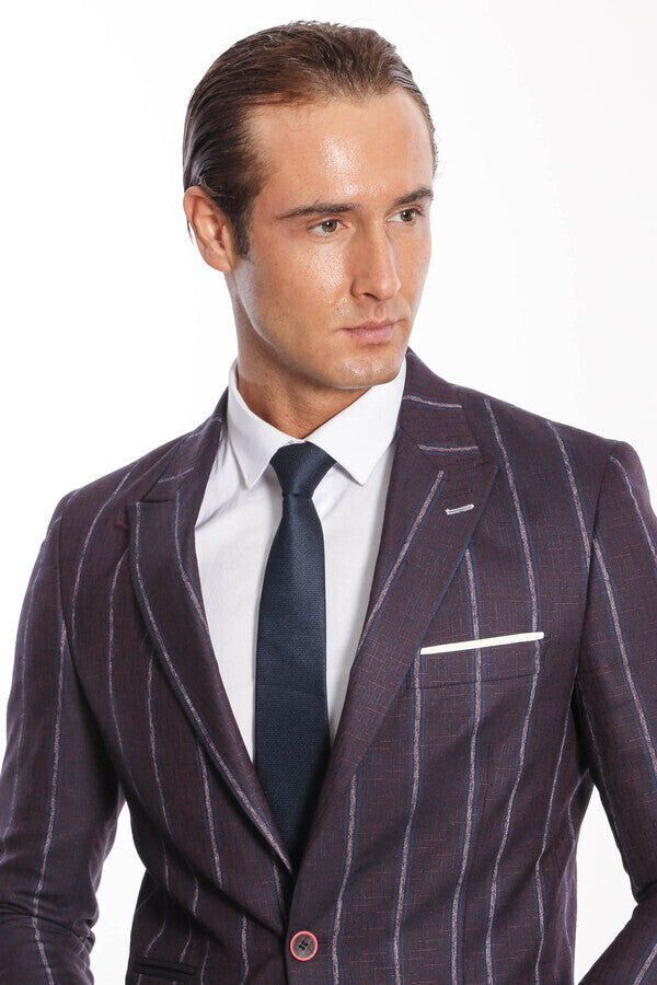 Striped Slim-Fit Burgundy Men Blazer - Wessi