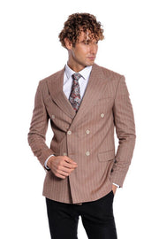 Striped Double Breasted Beige Men Blazer - Wessi