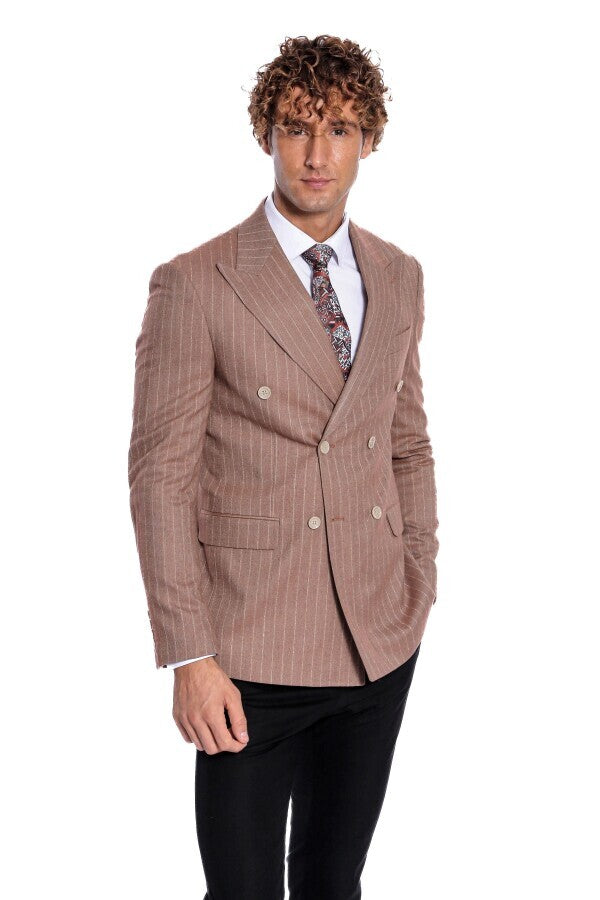 Striped Double Breasted Beige Men Blazer - Wessi