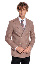 Striped Double Breasted Beige Men Blazer - Wessi