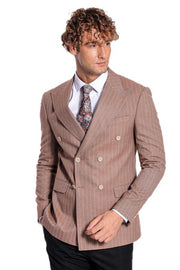 Striped Double Breasted Beige Men Blazer - Wessi