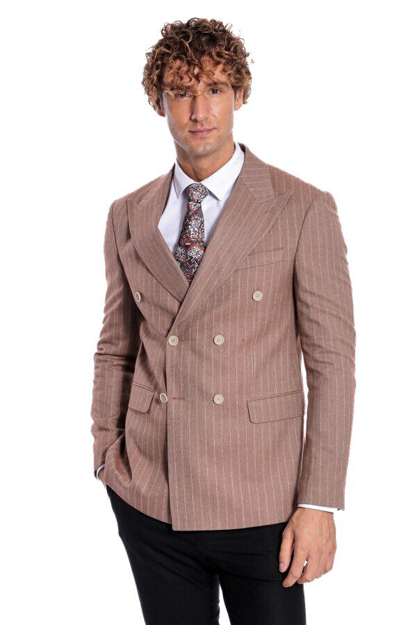 Striped Double Breasted Beige Men Blazer - Wessi