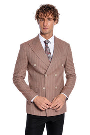 Striped Double Breasted Beige Men Blazer - Wessi