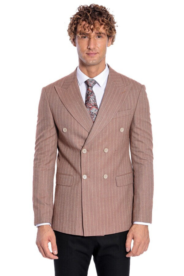 Striped Double Breasted Beige Men Blazer - Wessi