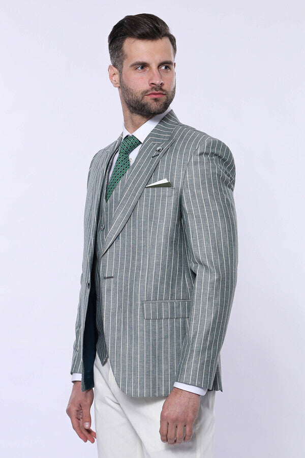 Striped Green Men Suit - Wessi