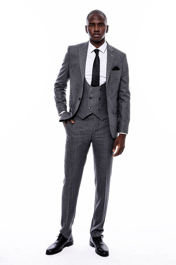 Striped Grey Double Breasted Suit - Wessi