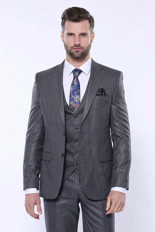 Striped Grey Vested Suit | Wessi - Wessi