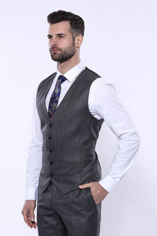 Striped Grey Vested Suit | Wessi - Wessi