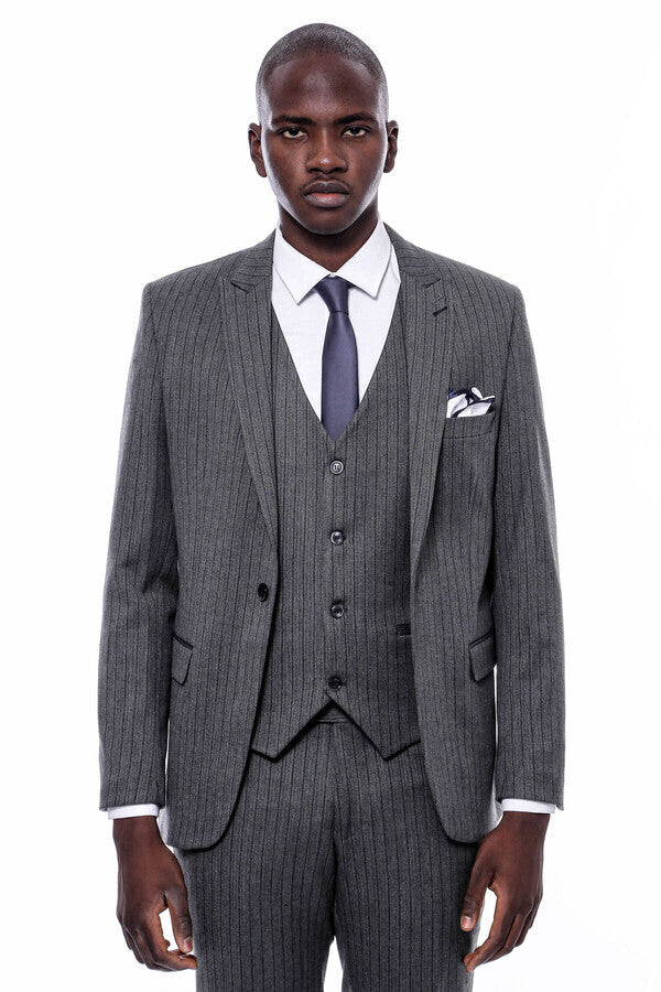 Striped Navy Blue Vested Suit - Wessi