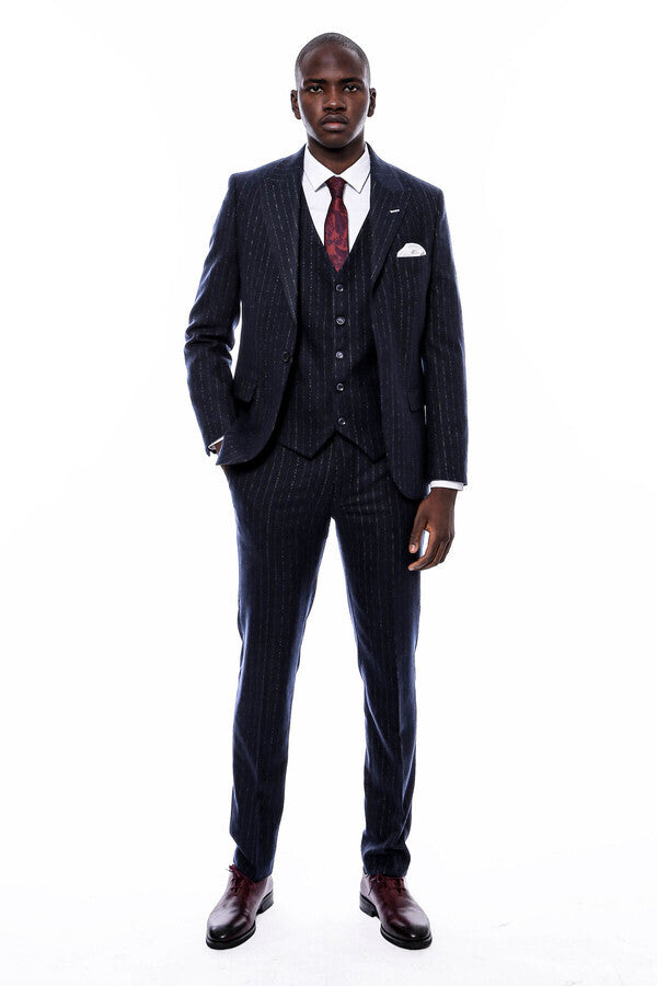 Striped Navy Vested Suit - Wessi