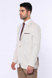 Striped Peak Lapel Beige Sport Jacket - Wessi