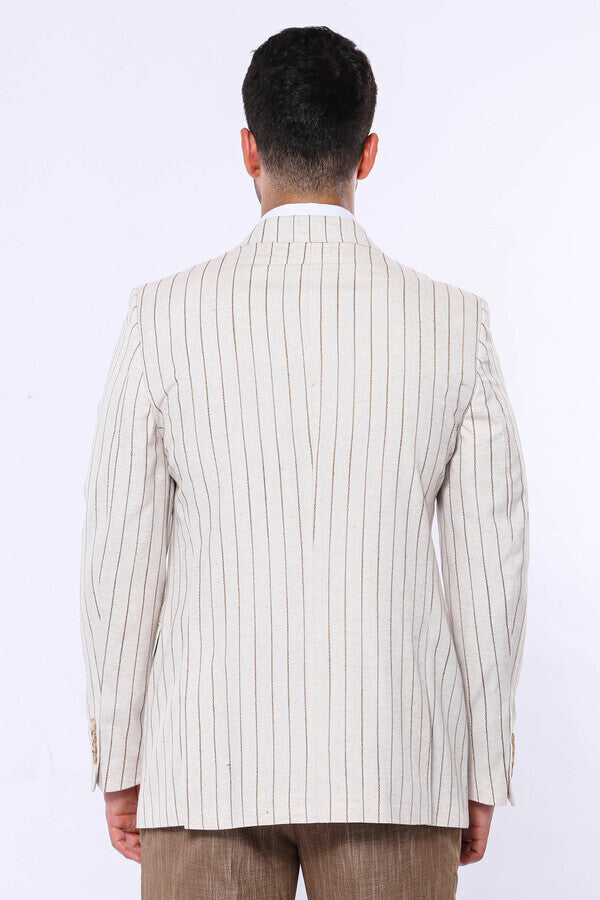 Striped Peak Lapel Beige Sport Jacket - Wessi