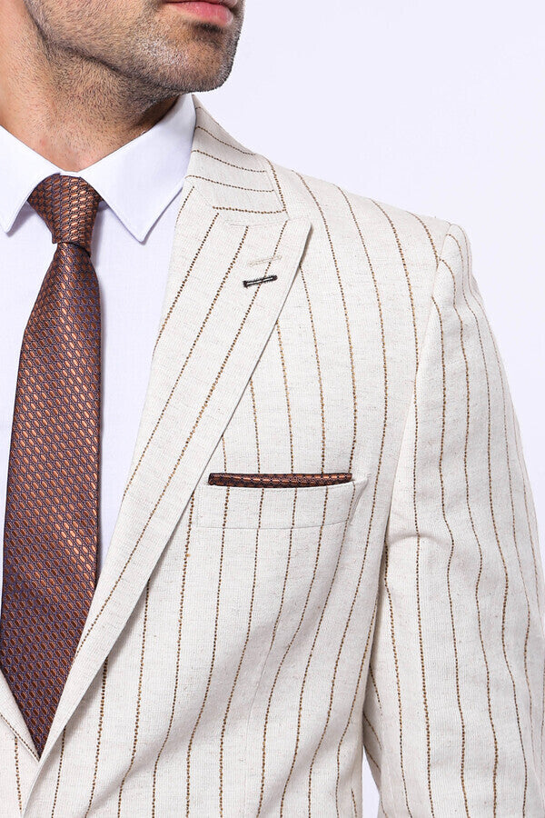 Striped Peak Lapel Beige Sport Jacket - Wessi