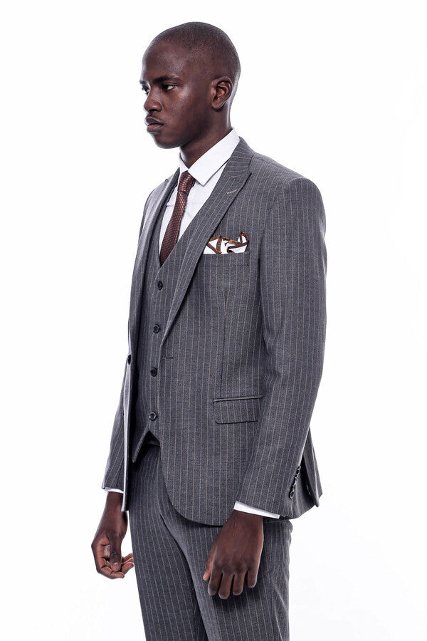 Striped Slim Fit Antracite Men Suit - Wessi