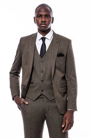 Striped Slim Fit Brown Men Suit - Wessi