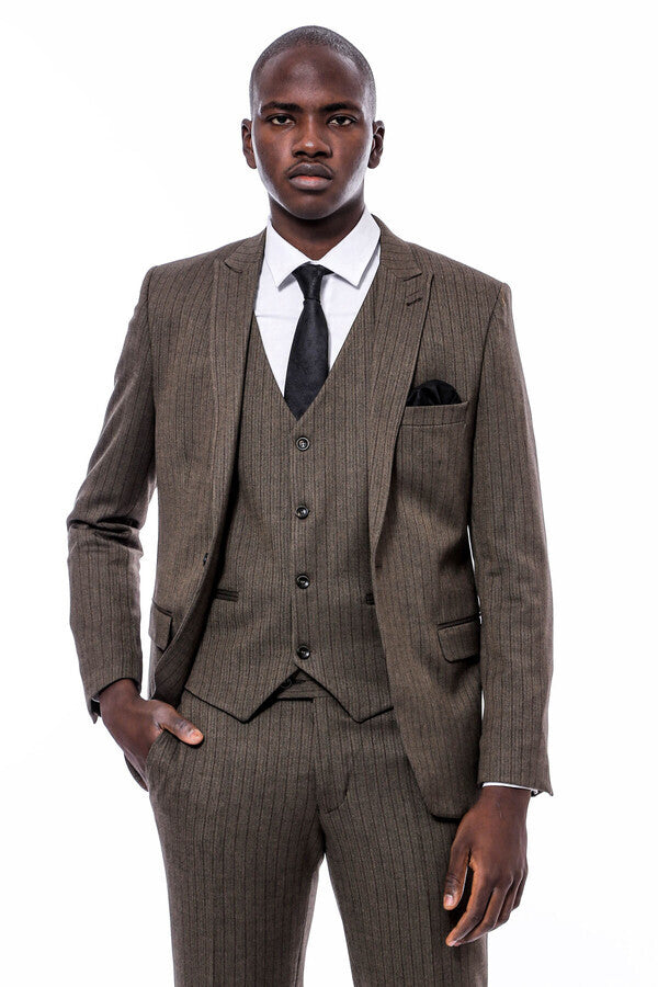 Striped Slim Fit Brown Men Suit - Wessi