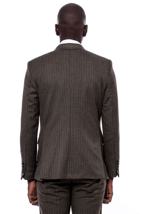 Striped Slim Fit Brown Men Suit - Wessi