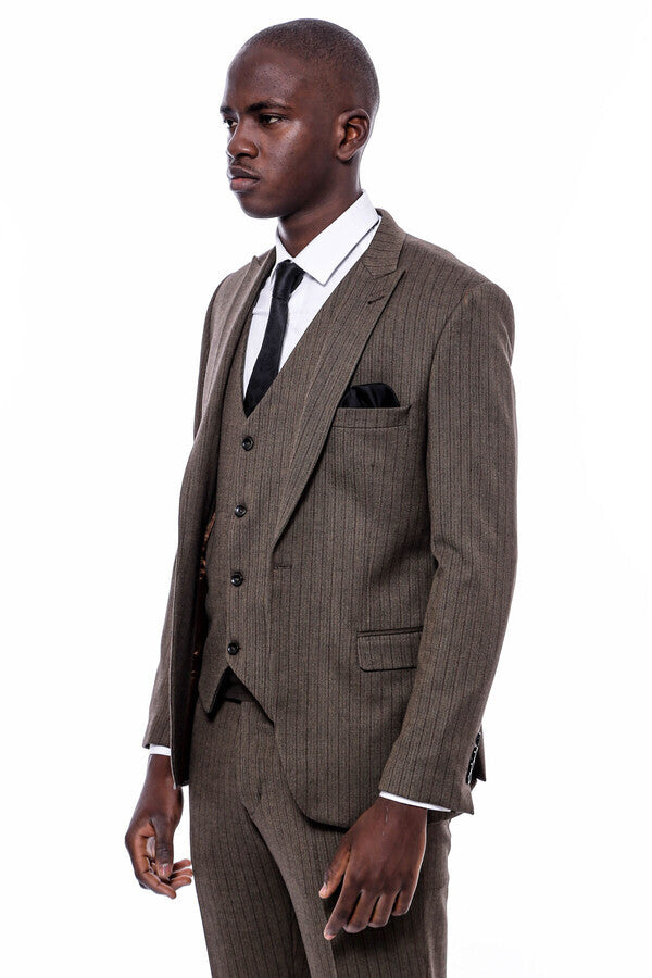 Striped Slim Fit Brown Men Suit - Wessi