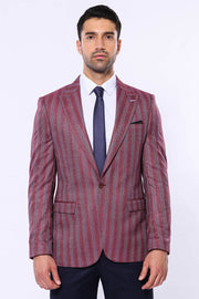 Striped Slim Fit Single Button Burgundy Men Blazer - Wessi