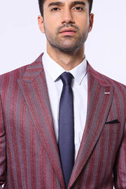 Striped Slim Fit Single Button Burgundy Men Blazer - Wessi