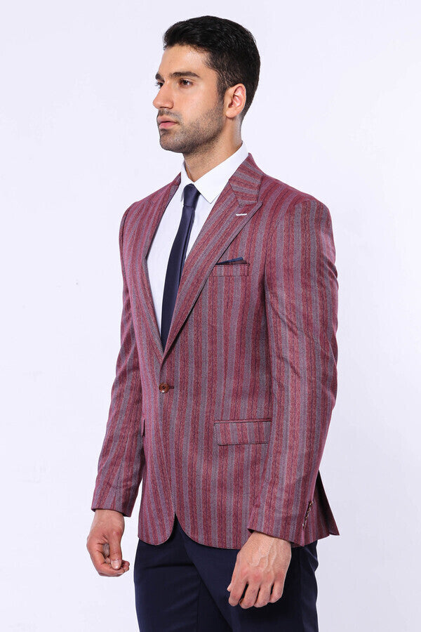 Striped Slim Fit Single Button Burgundy Men Blazer - Wessi