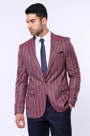 Striped Slim Fit Single Button Burgundy Men Blazer - Wessi