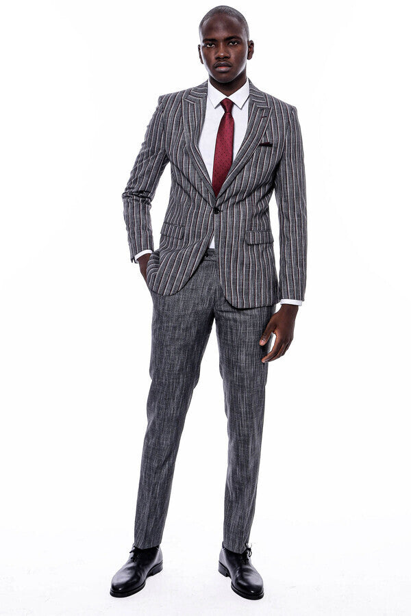 Striped Two Piece Grey Men Suit - Wessi