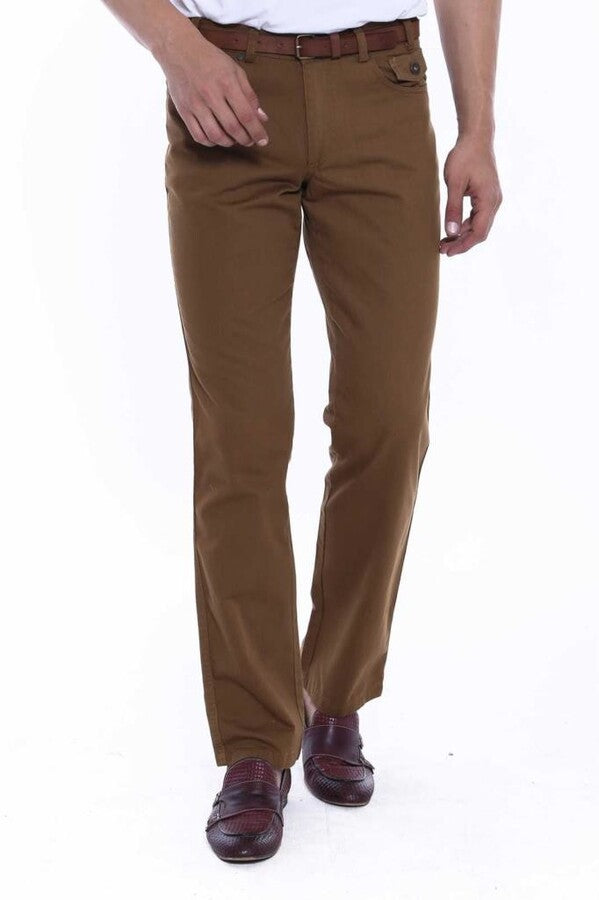 Suede Flap Pockets Plain Cotton Brown Men Pants - Wessi