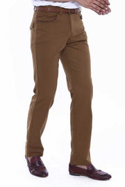 Suede Flap Pockets Plain Cotton Brown Men Pants - Wessi