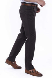 Suede Pocket Flap Plain Cotton Dark Brown Men Trousers - Wessi