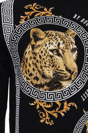 Hooded Silver Grey Tiger Patterned Black Slim Fit Sweatshirt - Wessi